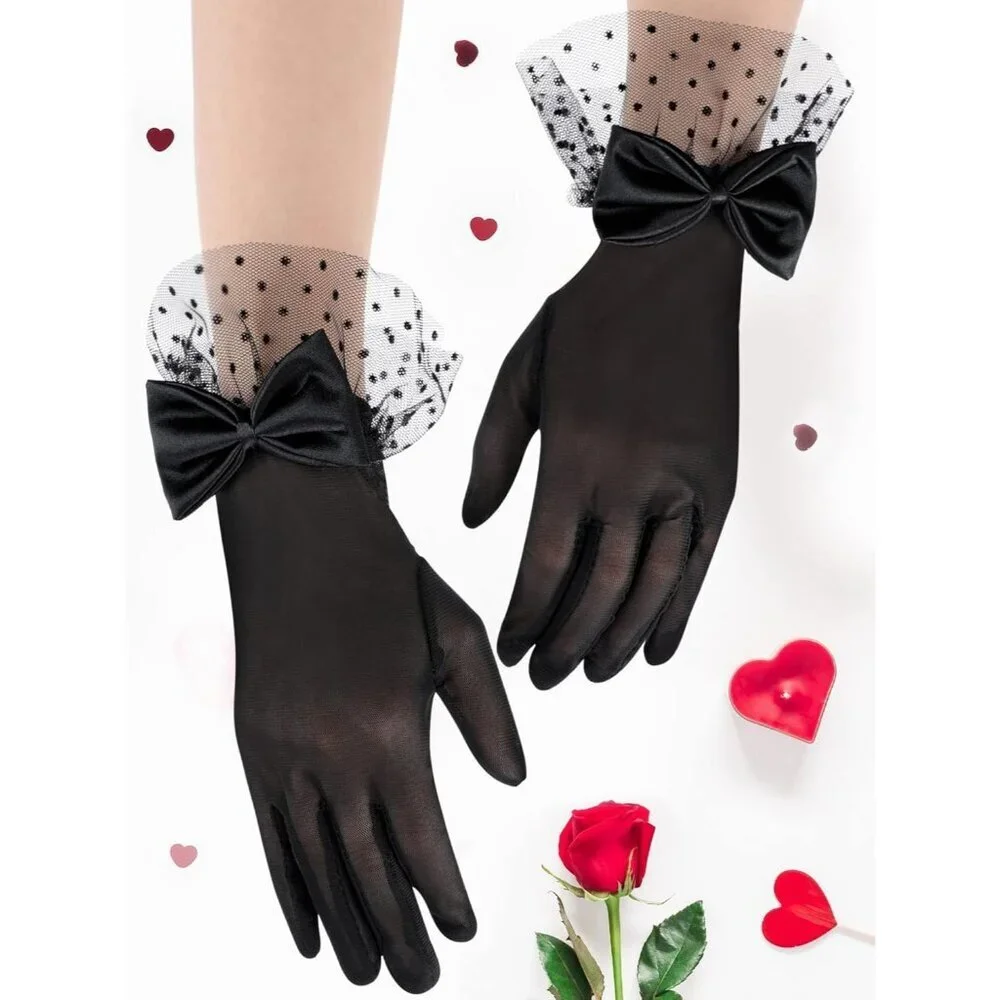 Women's Short Black Bow Lace Gloves Tea Party Elegant Opera Wedding Accessories